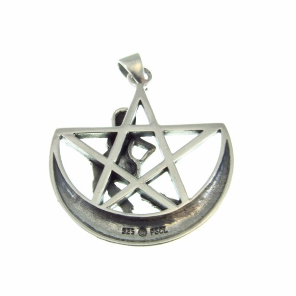 Solid 925 Sterling Silver Salem Witch on Broom Crescent Moon Pentagram Pendant - Picture 8 of 9